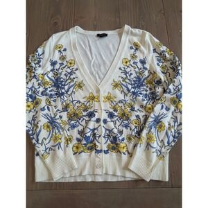 F44 Talbots‎ Petite Cardigan Sweater SP Ivory Yellow Blue Floral Print V-Neck